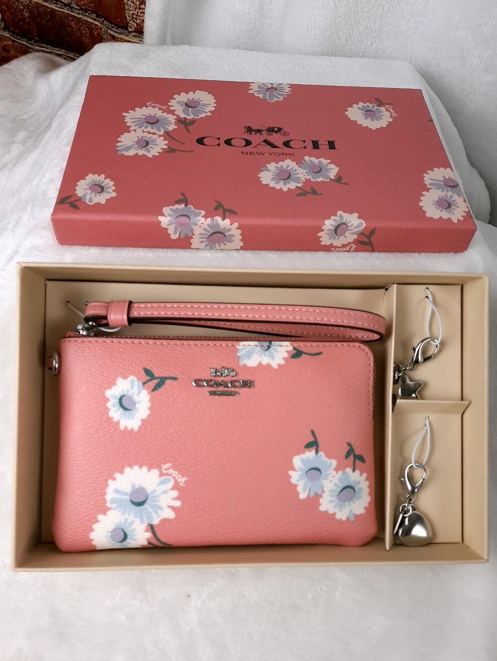 Coach Pink Floral Wristlet Pouch with Charm - Picture 2 of 13